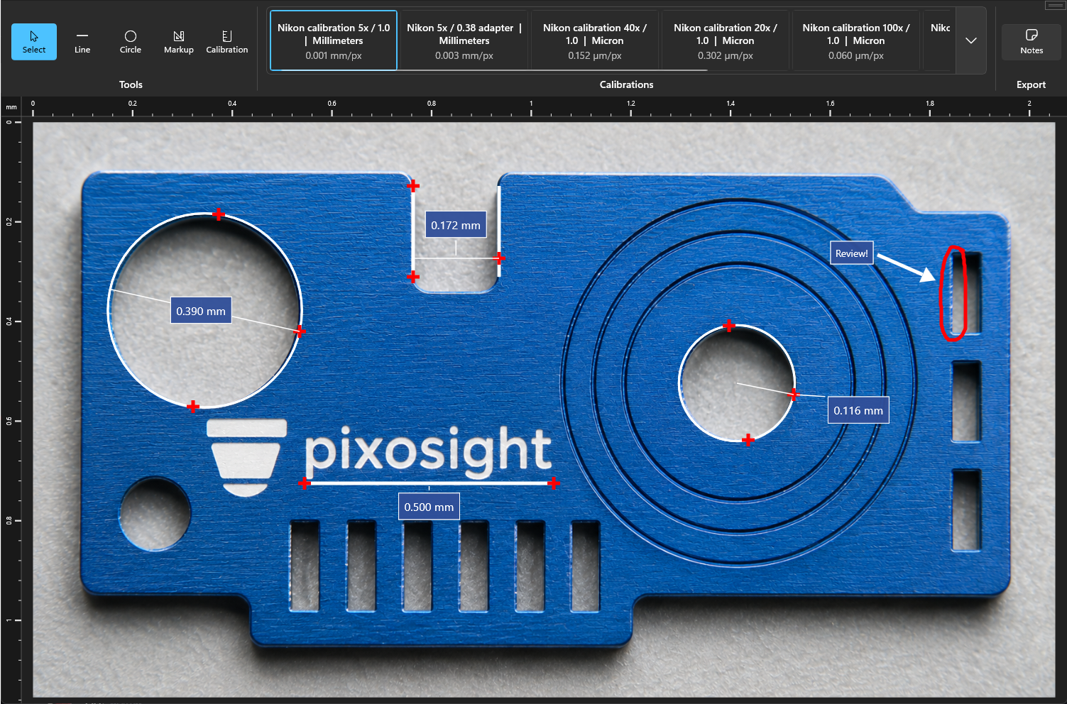 Pixosight measurement interface showing calibrated rulers and line measurements
